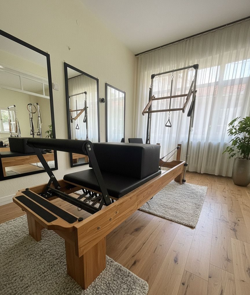 Aynalı, aydınlık stüdyoda bir ucunda kule çerçevesi bulunan ahşap gövdeli tower reformer